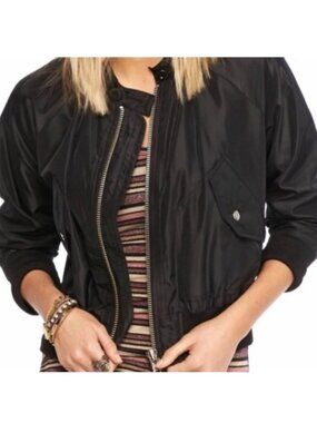 Free People Midnight Cropped Bomber Jacket Small Black Satin Pocket Ribbed Trim